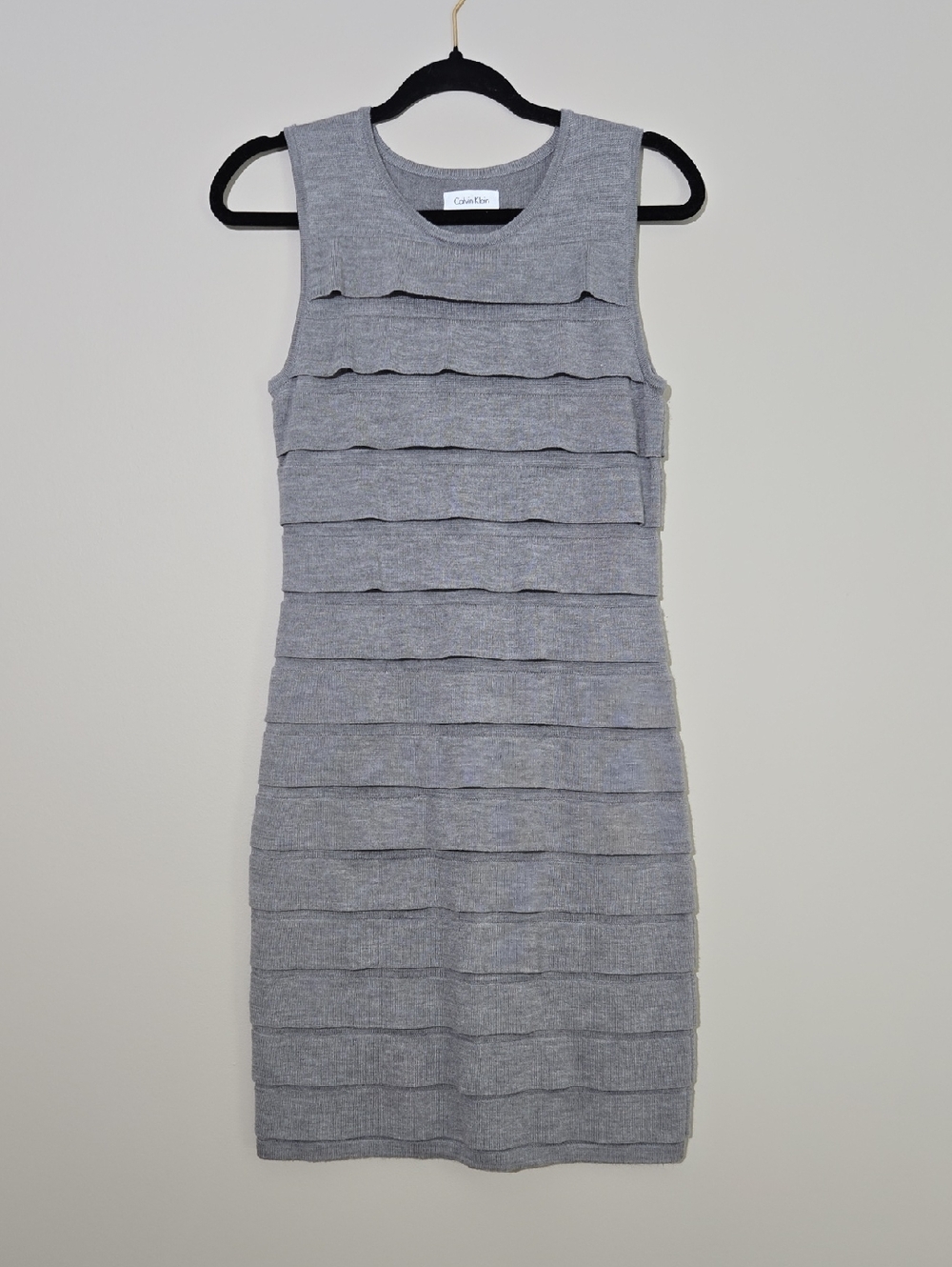 Calvin Klein Heather Gray Sleeveless Tiered Bandage Midi Dress